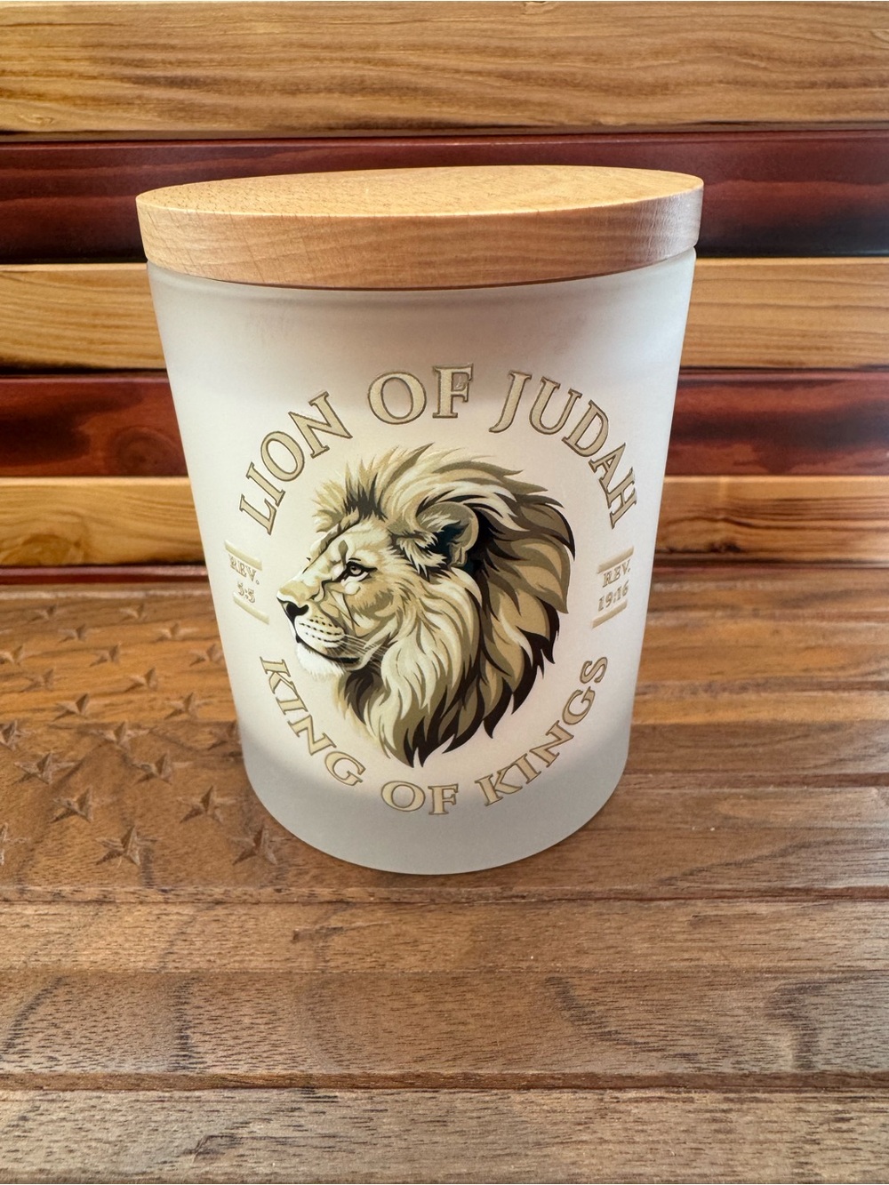Lion of Judah Frosted Glass Storage Jar with Wood Lid Pine Hand Made In Michigan